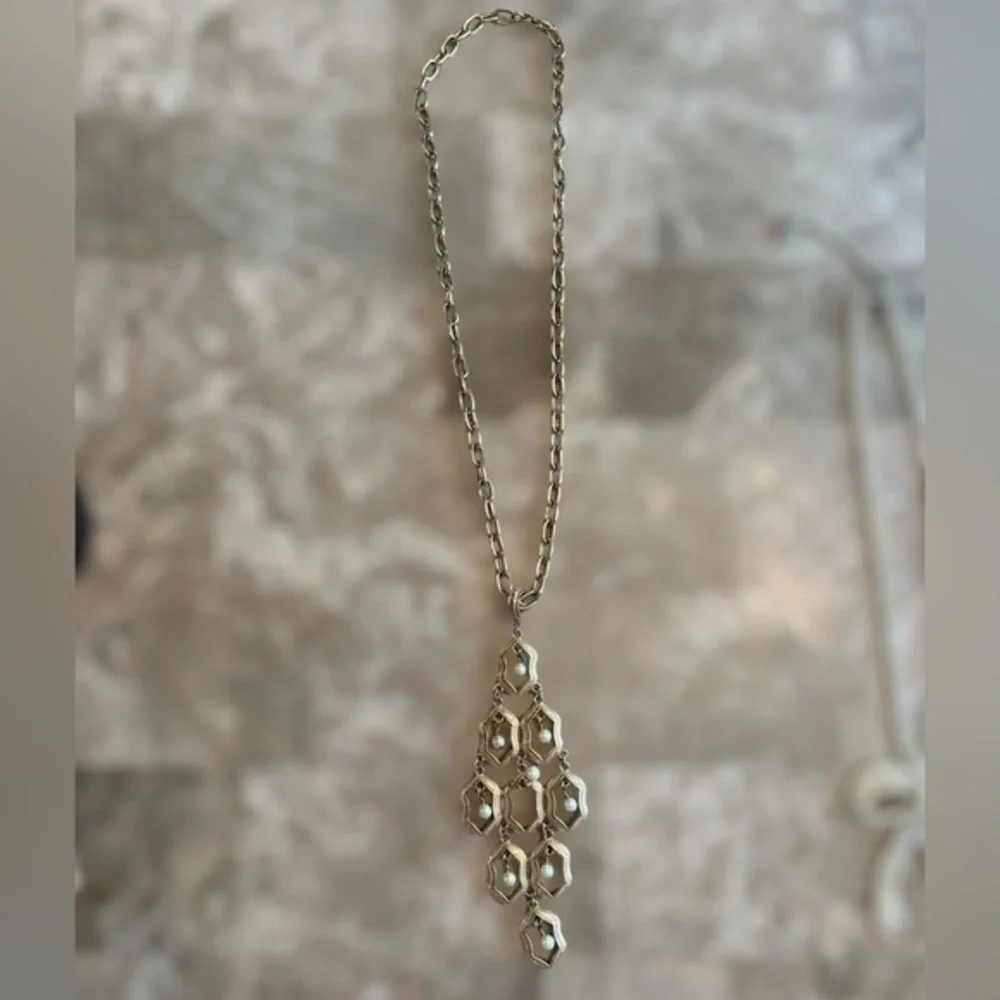 Vintage Gold Tone Statement Necklace with Pearl Pendant Detail